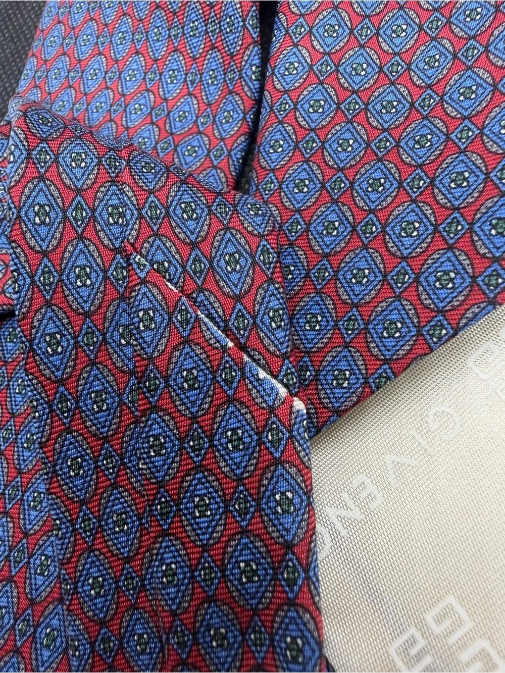 ⁠Givenchy Monsieur Silk Tie Red Blue Geometric Pattern Designer Necktie